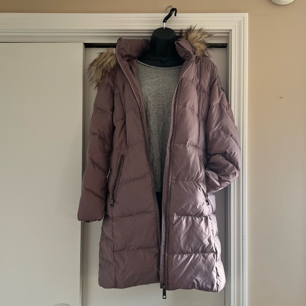 Calvin Klein Mauve Puffer Coat with Faux Fur Hood